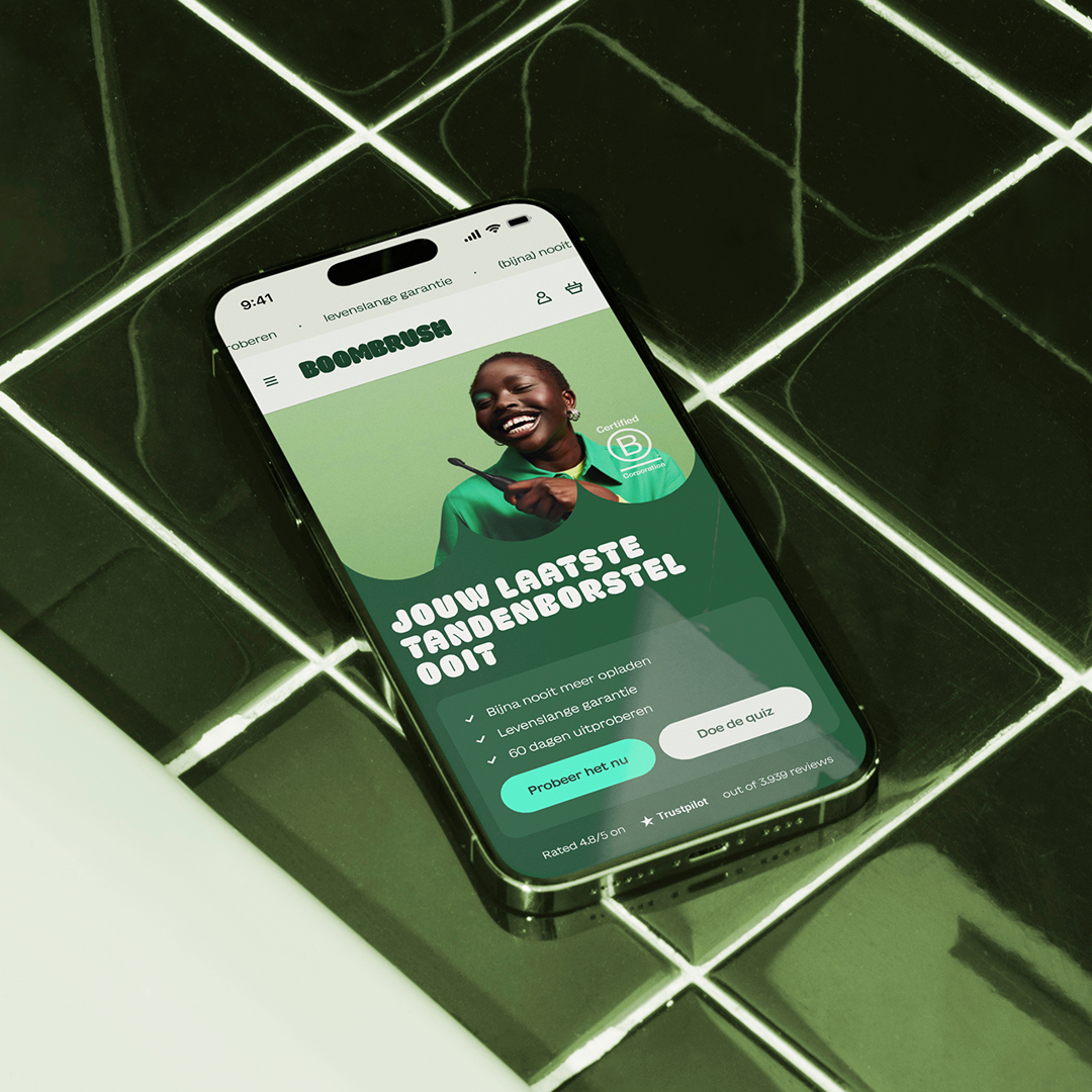 Boombrush mobile website mockup on iPhone