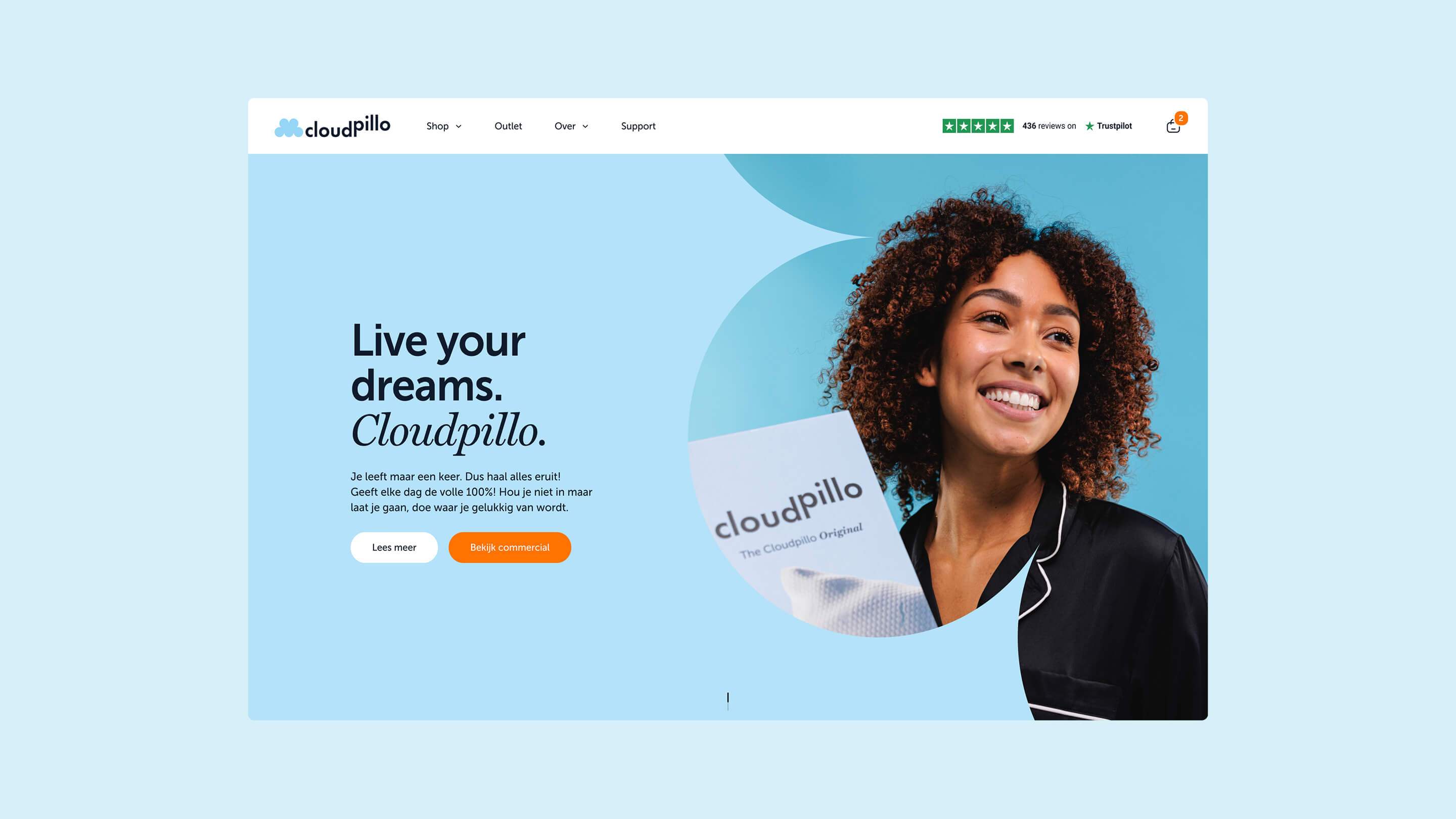 Cloudpillo homepage design featuring adjustable pillow and lifestyle imagery on desktop website