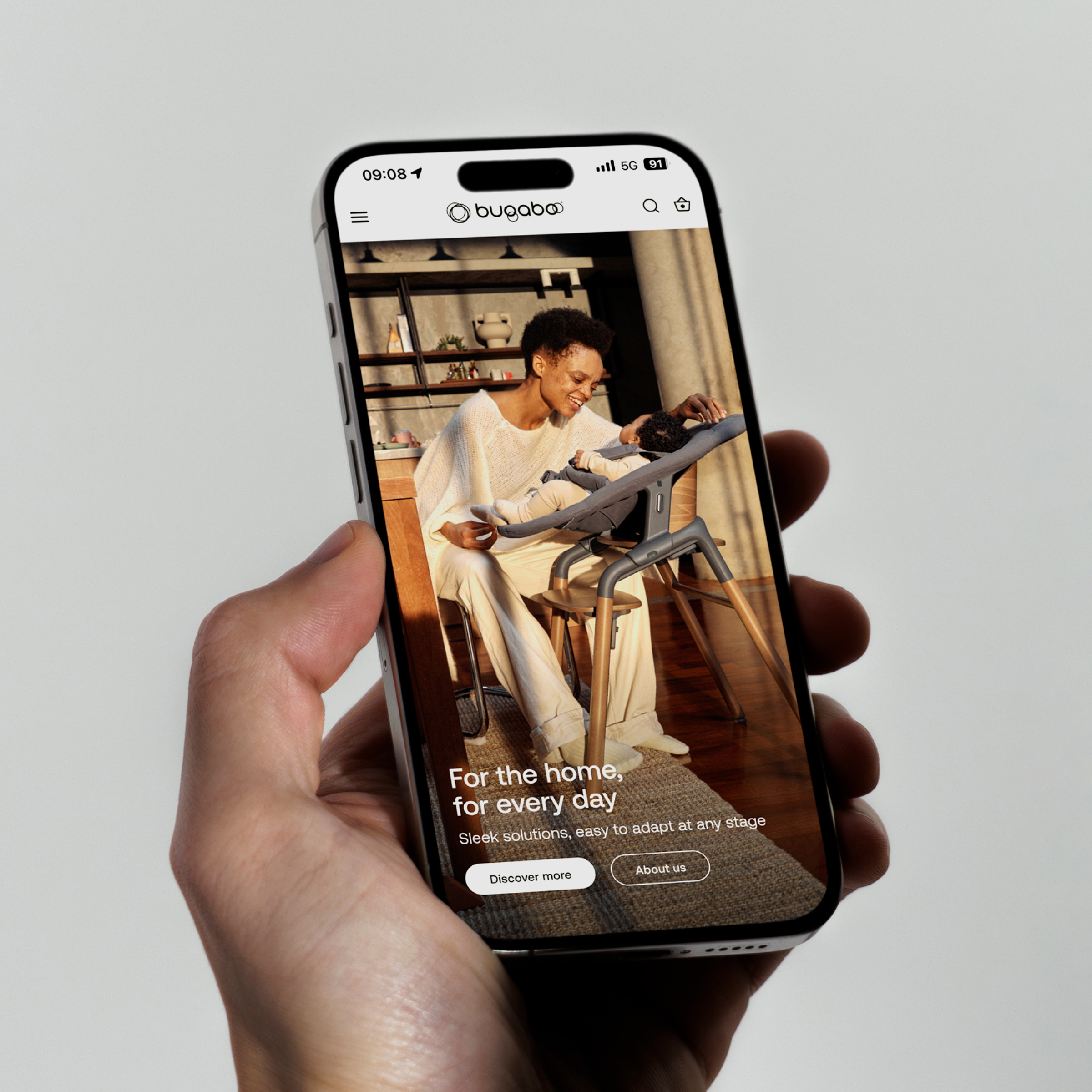 Alternate Bugaboo mobile UI mockup on iPhone