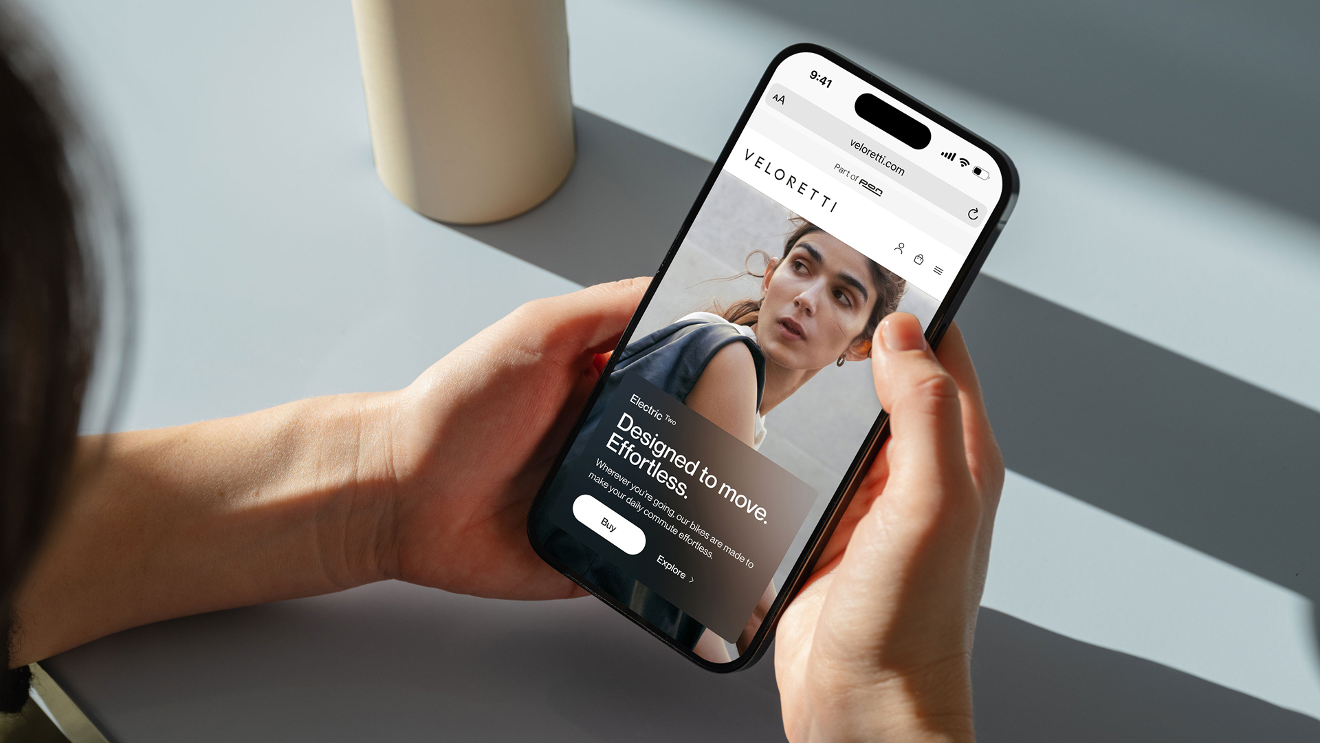 Veloretti mobile website mockup on iPhone