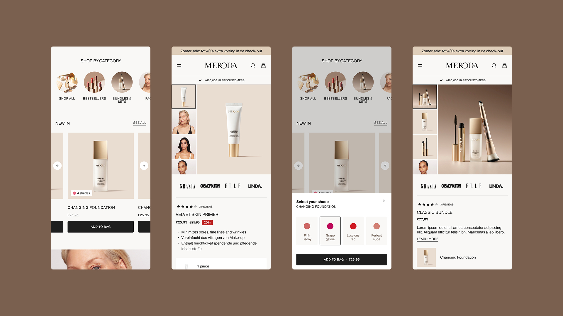 Meroda Cosmetics desktop website displayed on laptop showing product detail page and clean e-commerce layout